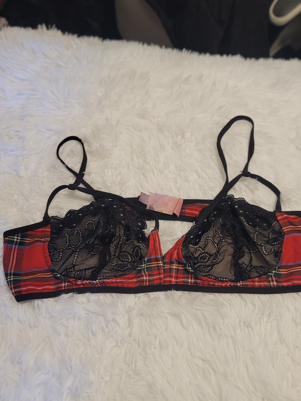 ROMWE Red Plaid Bralette with Black Lace Size Large